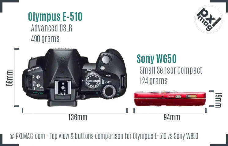 Olympus E-510 vs Sony W650 top view buttons comparison