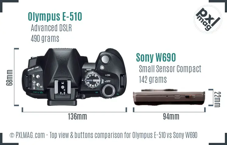 Olympus E-510 vs Sony W690 top view buttons comparison