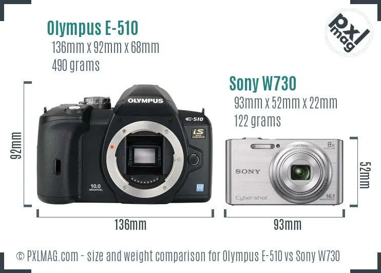 Olympus E-510 vs Sony W730 size comparison