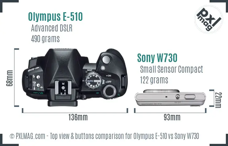 Olympus E-510 vs Sony W730 top view buttons comparison