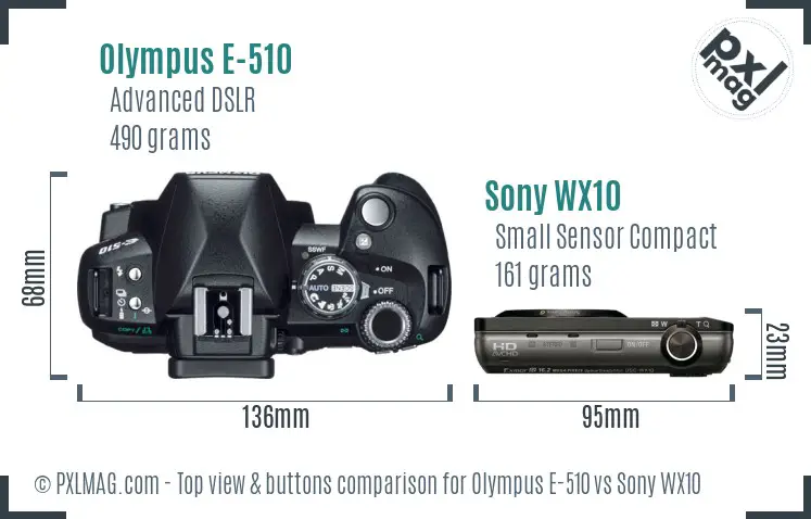 Olympus E-510 vs Sony WX10 top view buttons comparison