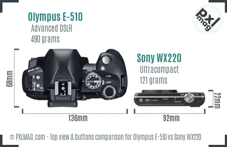 Olympus E-510 vs Sony WX220 top view buttons comparison