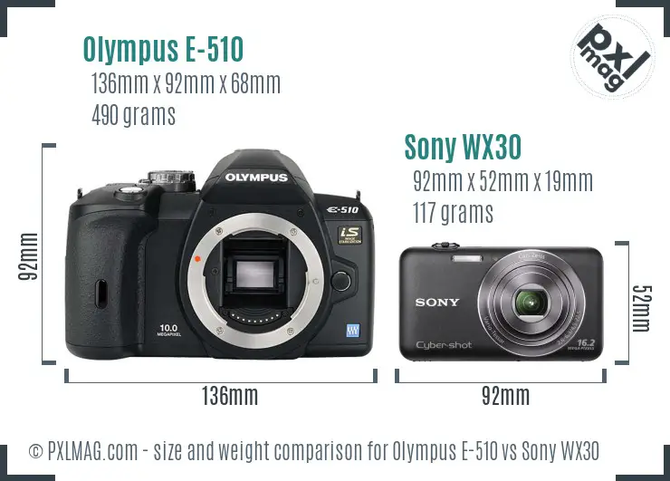 Olympus E-510 vs Sony WX30 size comparison