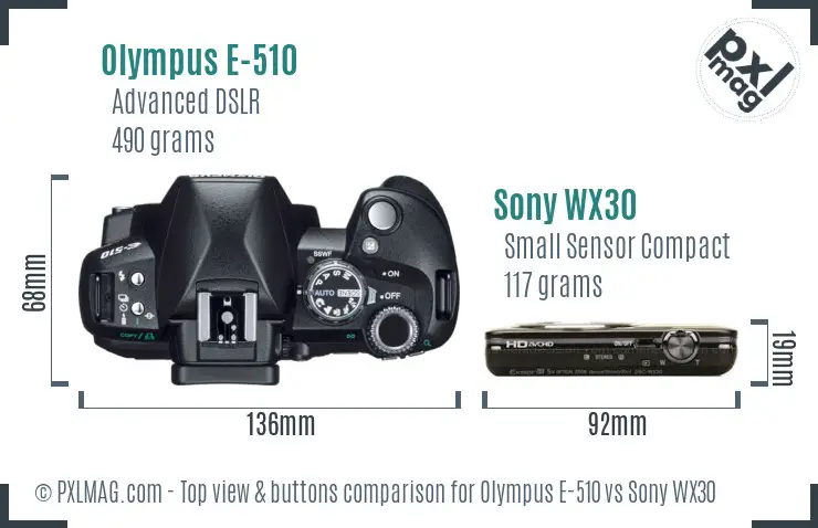 Olympus E-510 vs Sony WX30 top view buttons comparison