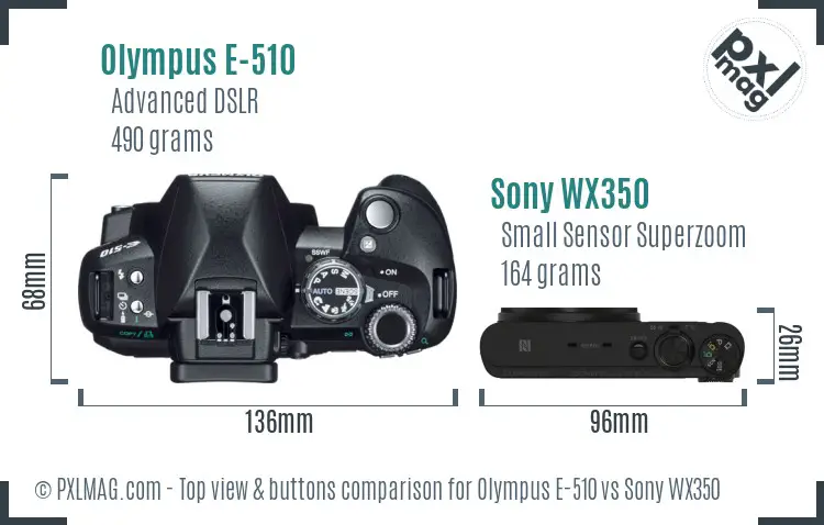 Olympus E-510 vs Sony WX350 top view buttons comparison