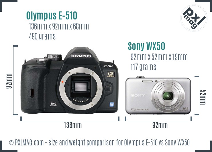 Olympus E-510 vs Sony WX50 size comparison