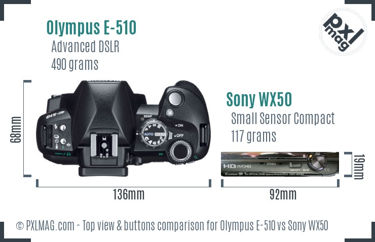 Olympus E-510 vs Sony WX50 top view buttons comparison