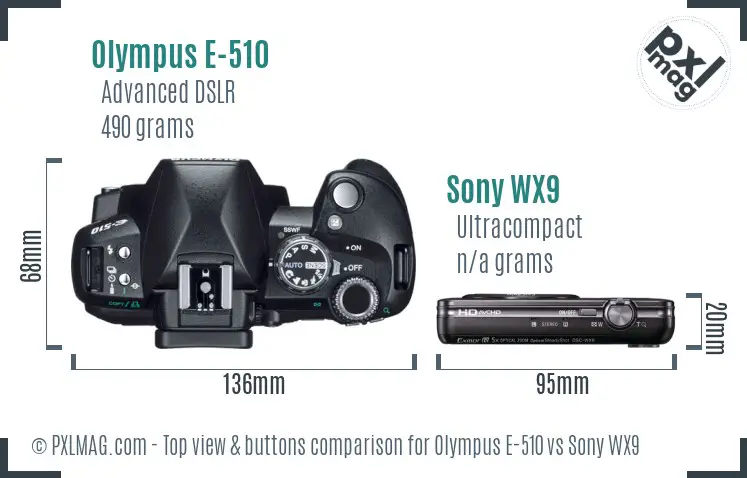 Olympus E-510 vs Sony WX9 top view buttons comparison