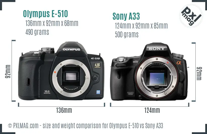 Olympus E-510 vs Sony A33 size comparison