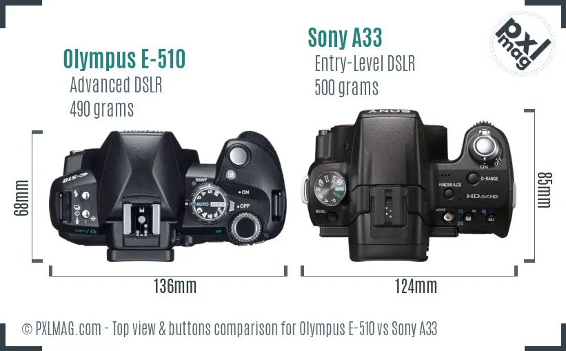 Olympus E-510 vs Sony A33 top view buttons comparison