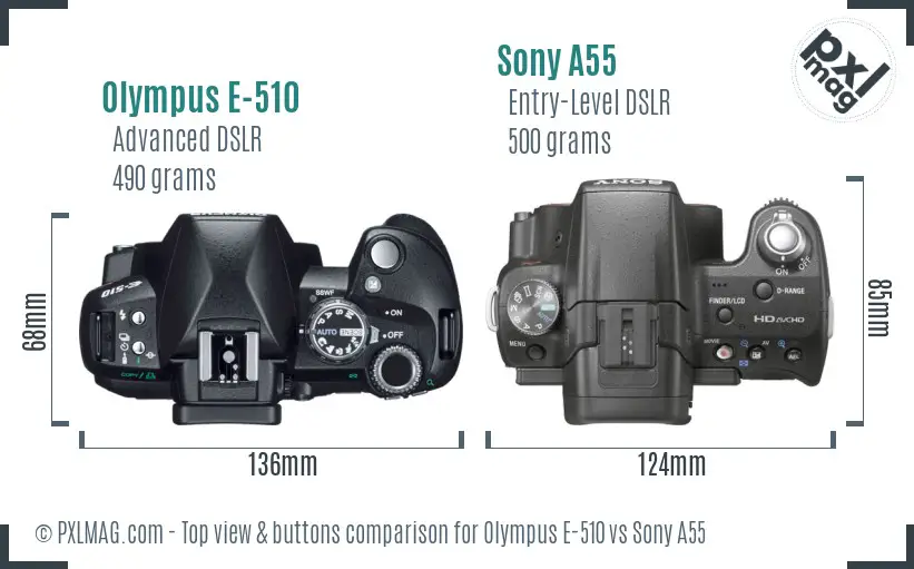 Olympus E-510 vs Sony A55 top view buttons comparison