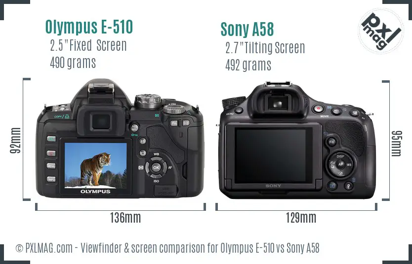 Olympus E-510 vs Sony A58 Screen and Viewfinder comparison