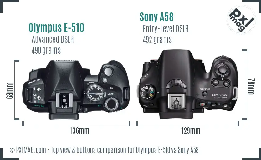 Olympus E-510 vs Sony A58 top view buttons comparison