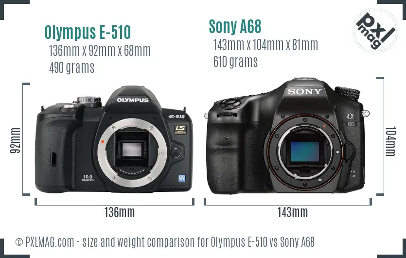 Olympus E-510 vs Sony A68 size comparison