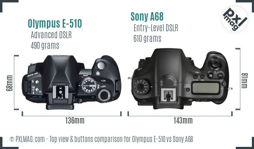Olympus E-510 vs Sony A68 top view buttons comparison