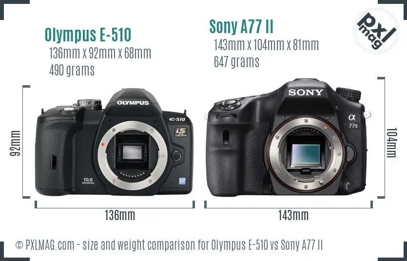 Olympus E-510 vs Sony A77 II size comparison