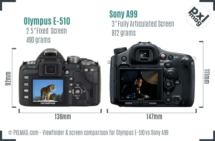 Olympus E-510 vs Sony A99 Screen and Viewfinder comparison
