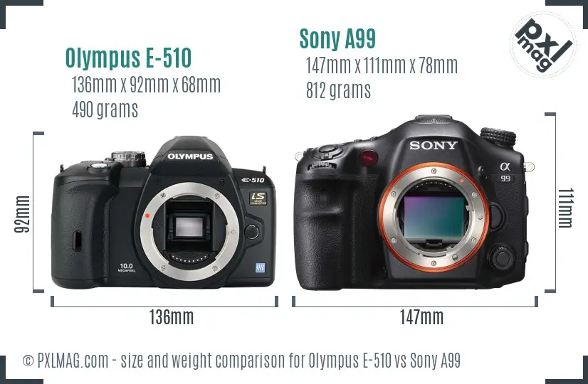 Olympus E-510 vs Sony A99 size comparison