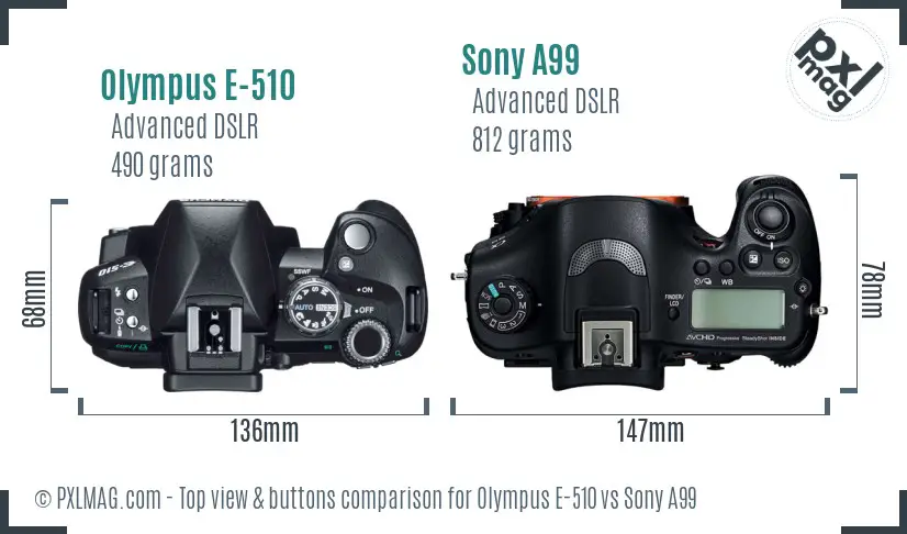Olympus E-510 vs Sony A99 top view buttons comparison