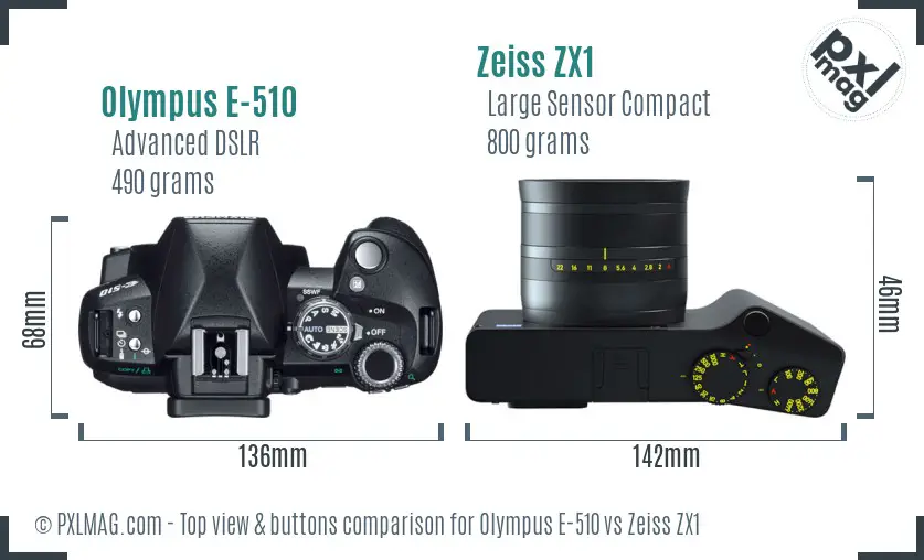 Olympus E-510 vs Zeiss ZX1 top view buttons comparison