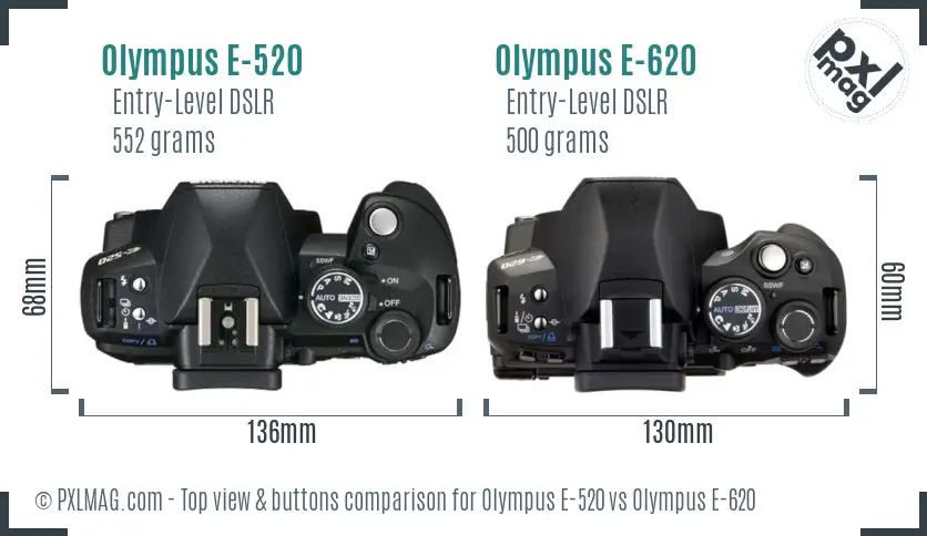 Olympus E-520 vs Olympus E-620 top view buttons comparison
