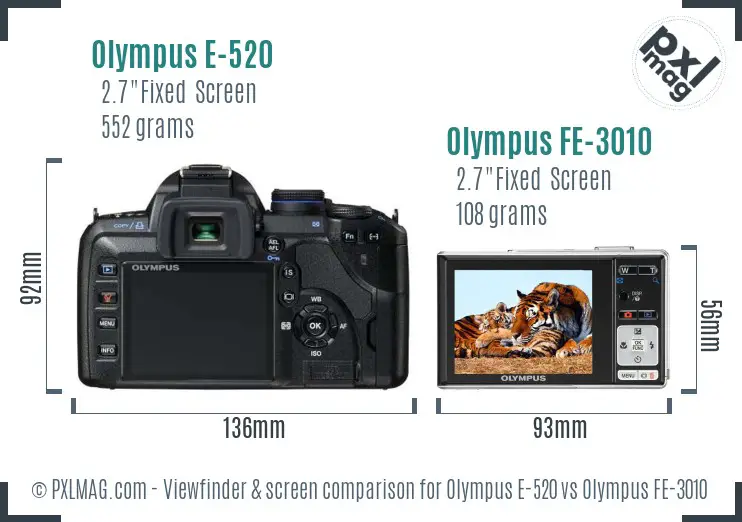 Olympus E-520 vs Olympus FE-3010 Screen and Viewfinder comparison