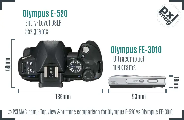 Olympus E-520 vs Olympus FE-3010 top view buttons comparison
