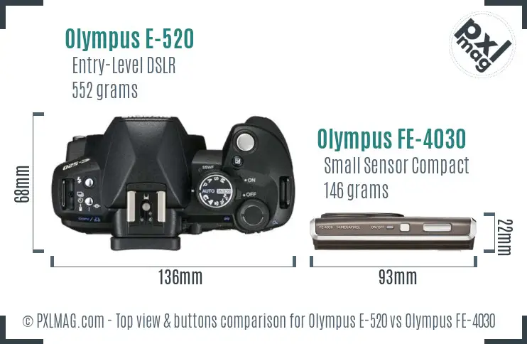 Olympus E-520 vs Olympus FE-4030 top view buttons comparison