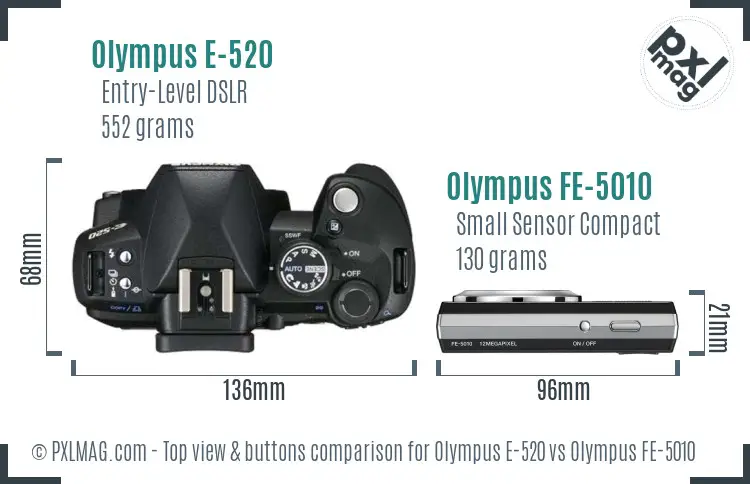 Olympus E-520 vs Olympus FE-5010 top view buttons comparison