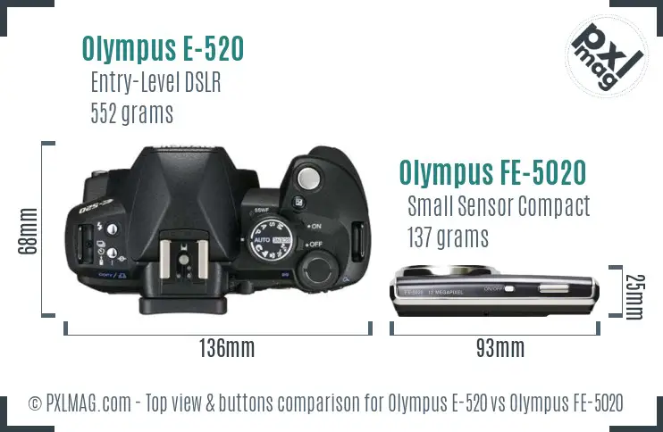 Olympus E-520 vs Olympus FE-5020 top view buttons comparison