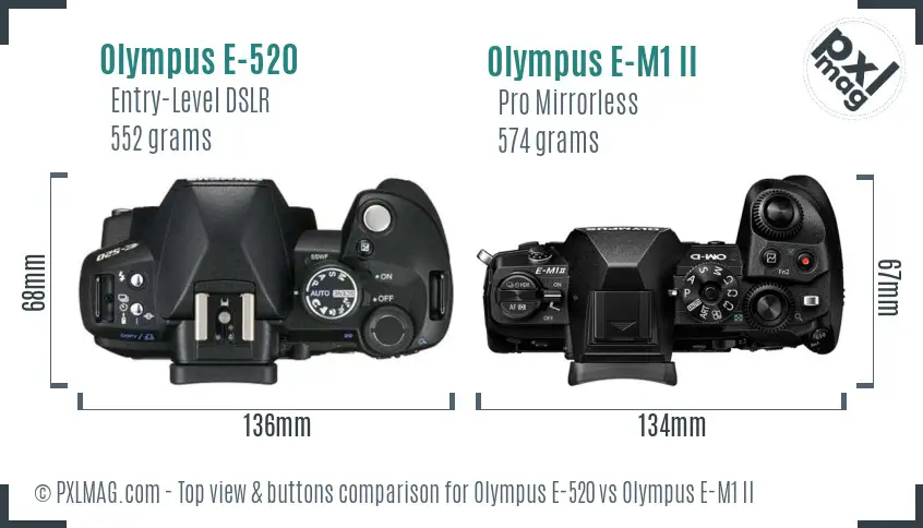 Olympus E-520 vs Olympus E-M1 II top view buttons comparison