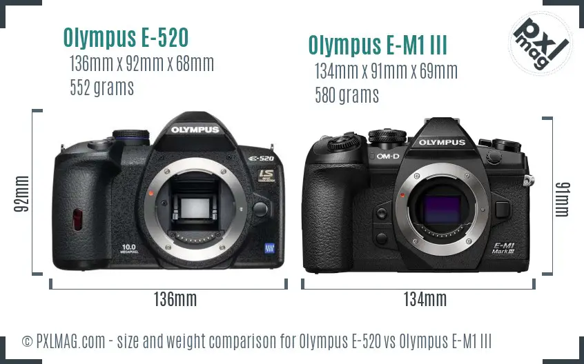 Olympus E-520 vs Olympus E-M1 III size comparison