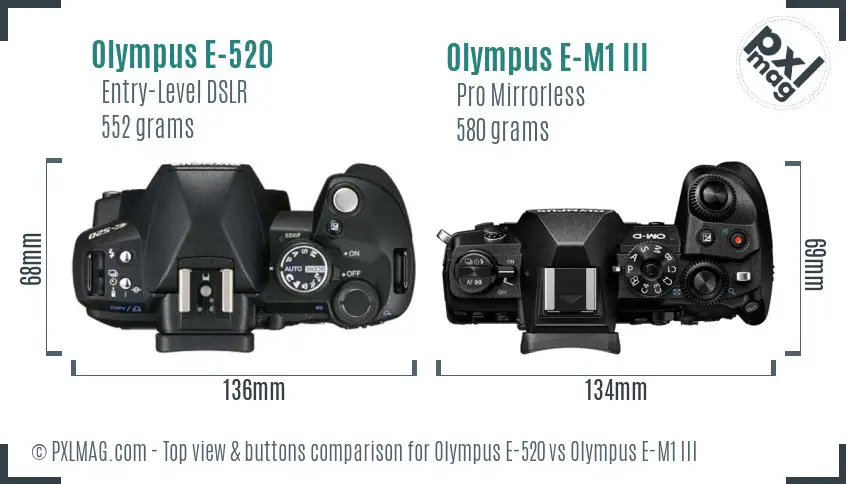 Olympus E-520 vs Olympus E-M1 III top view buttons comparison