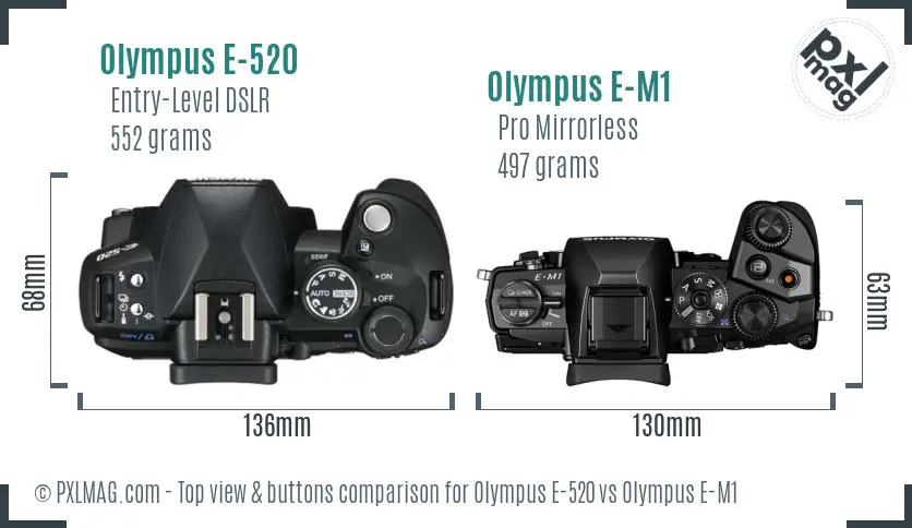 Olympus E-520 vs Olympus E-M1 top view buttons comparison
