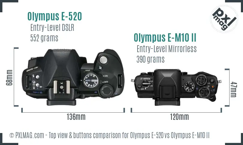 Olympus E-520 vs Olympus E-M10 II top view buttons comparison
