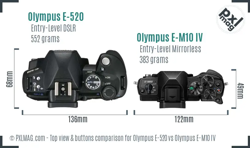 Olympus E-520 vs Olympus E-M10 IV top view buttons comparison