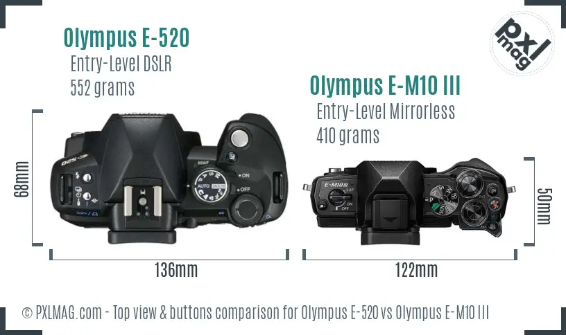 Olympus E-520 vs Olympus E-M10 III top view buttons comparison