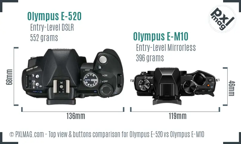 Olympus E-520 vs Olympus E-M10 top view buttons comparison