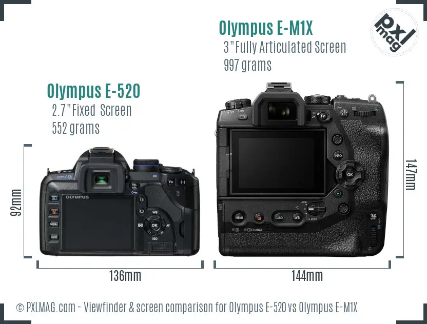 Olympus E-520 vs Olympus E-M1X Screen and Viewfinder comparison