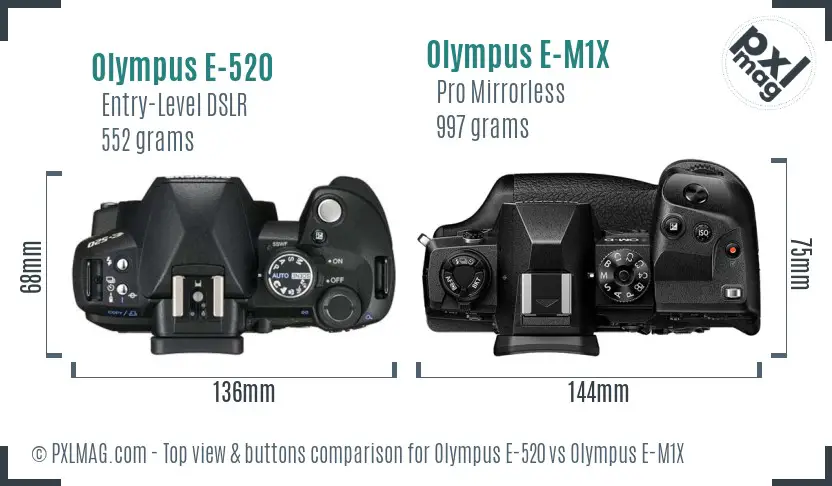 Olympus E-520 vs Olympus E-M1X top view buttons comparison