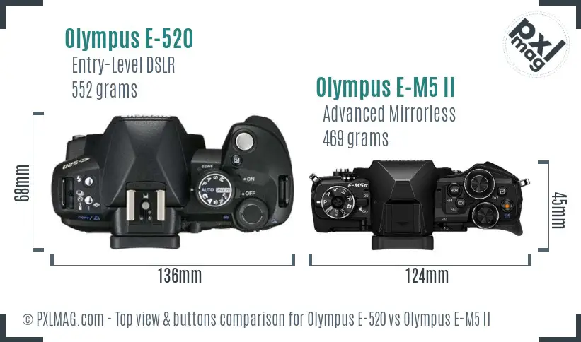 Olympus E-520 vs Olympus E-M5 II top view buttons comparison