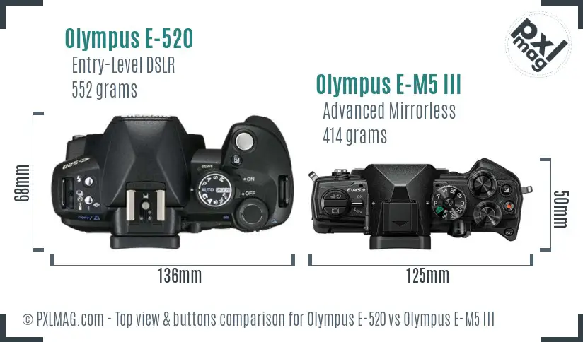 Olympus E-520 vs Olympus E-M5 III top view buttons comparison