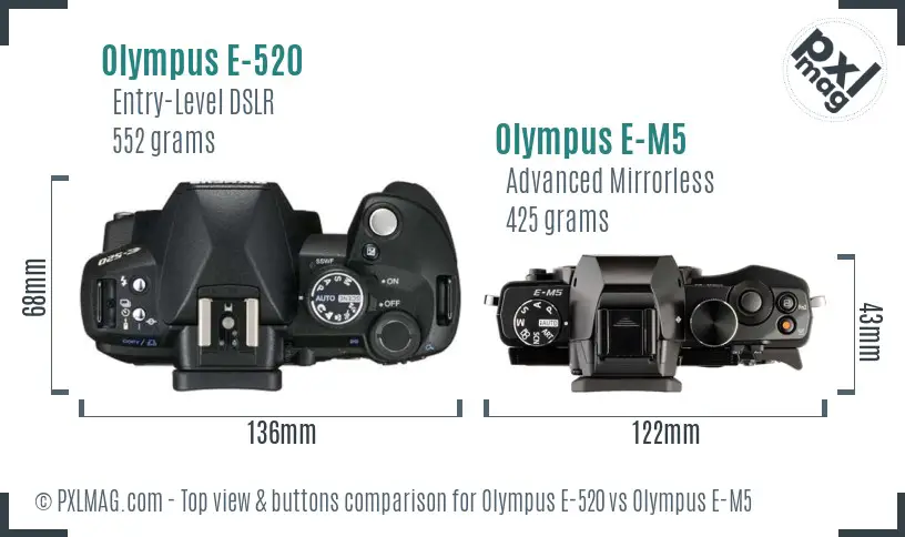 Olympus E-520 vs Olympus E-M5 top view buttons comparison