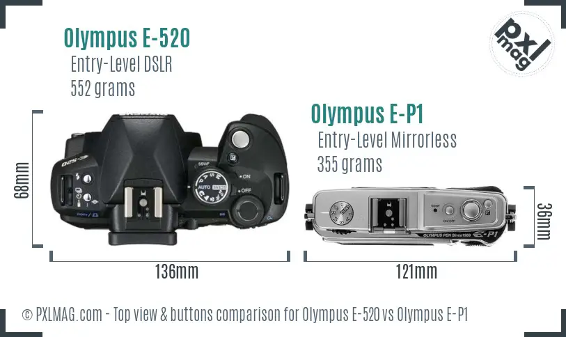 Olympus E-520 vs Olympus E-P1 top view buttons comparison