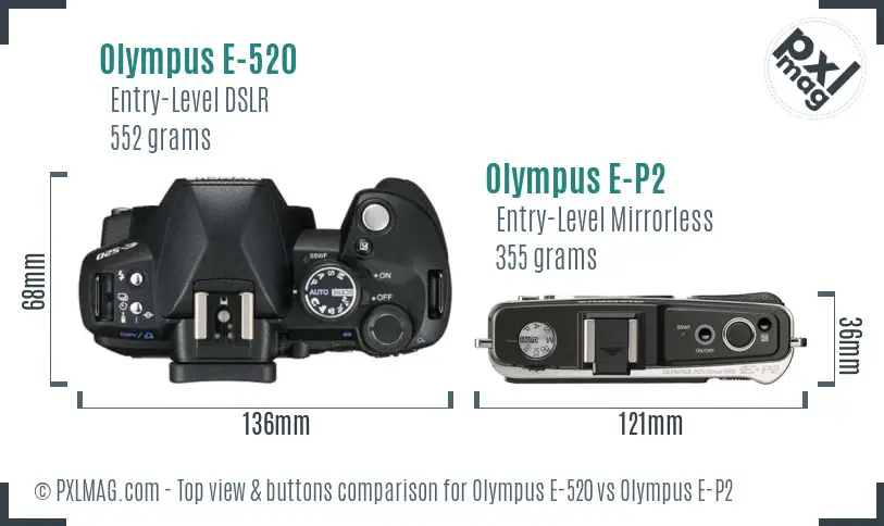 Olympus E-520 vs Olympus E-P2 top view buttons comparison