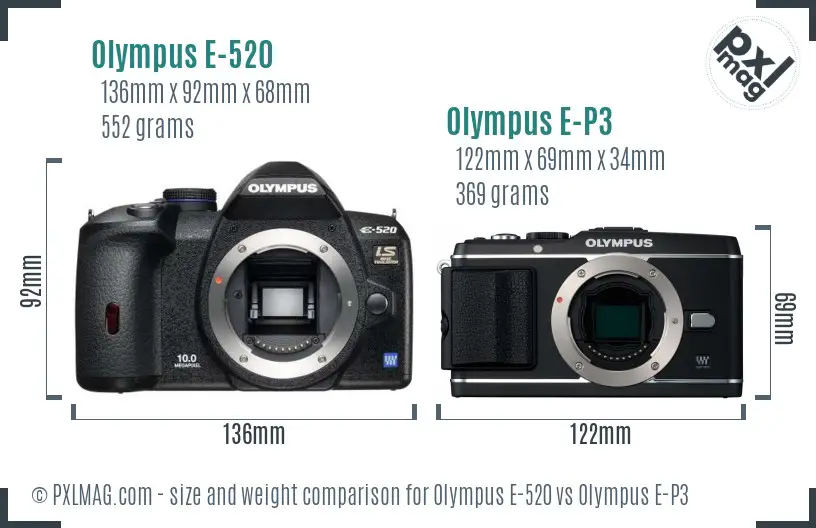 Olympus E-520 vs Olympus E-P3 size comparison