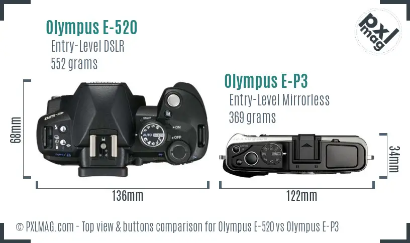 Olympus E-520 vs Olympus E-P3 top view buttons comparison