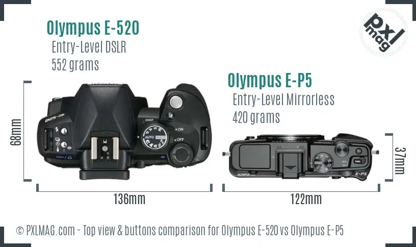 Olympus E-520 vs Olympus E-P5 top view buttons comparison