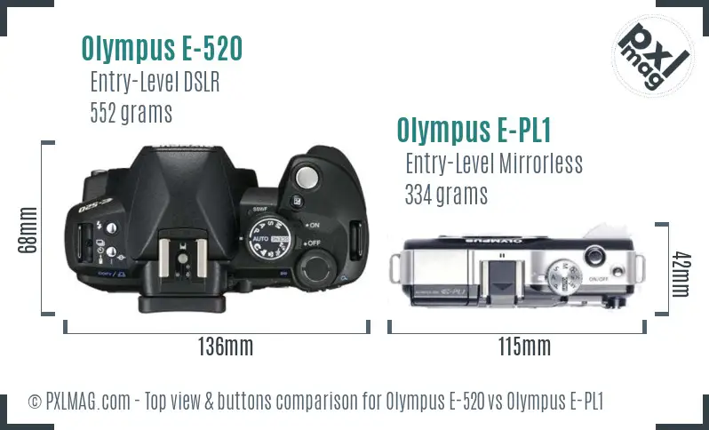 Olympus E-520 vs Olympus E-PL1 top view buttons comparison