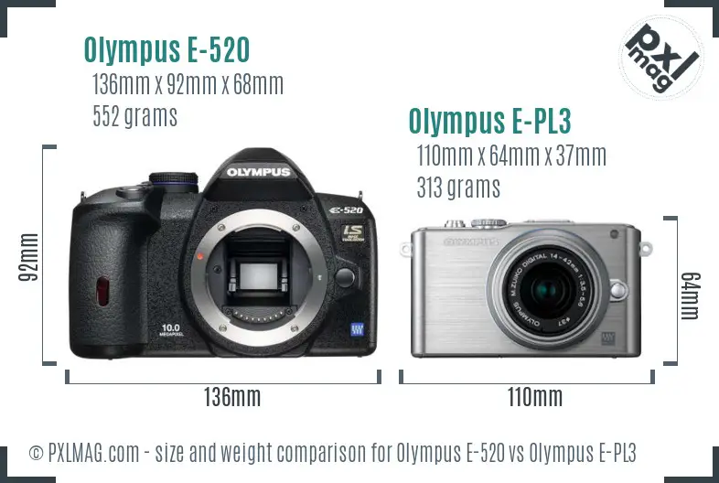 Olympus E-520 vs Olympus E-PL3 size comparison
